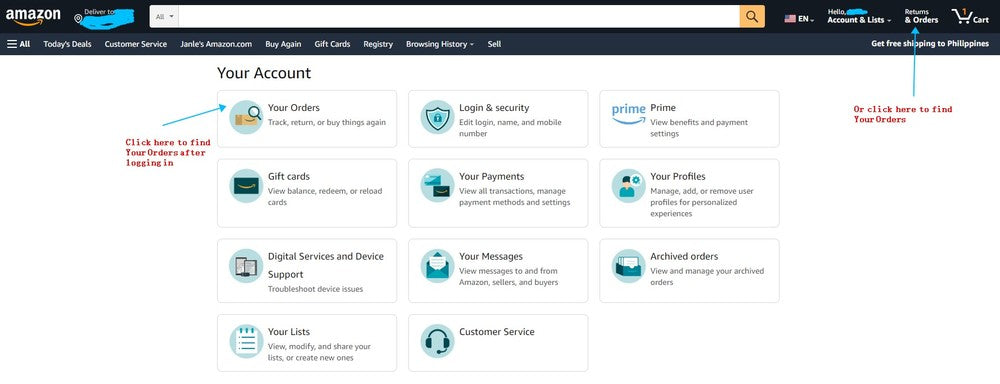 Amazon Returns and Orders shortcut