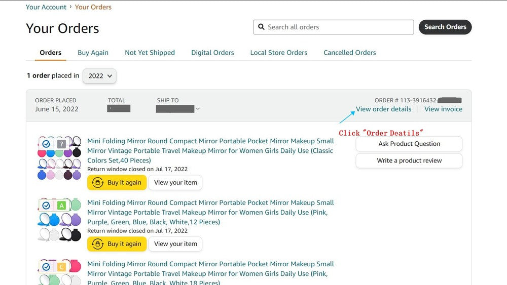 Amazon order list showing Order details link