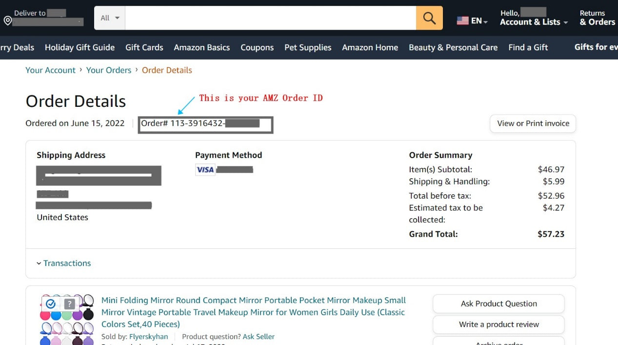 Amazon order details page showing order ID