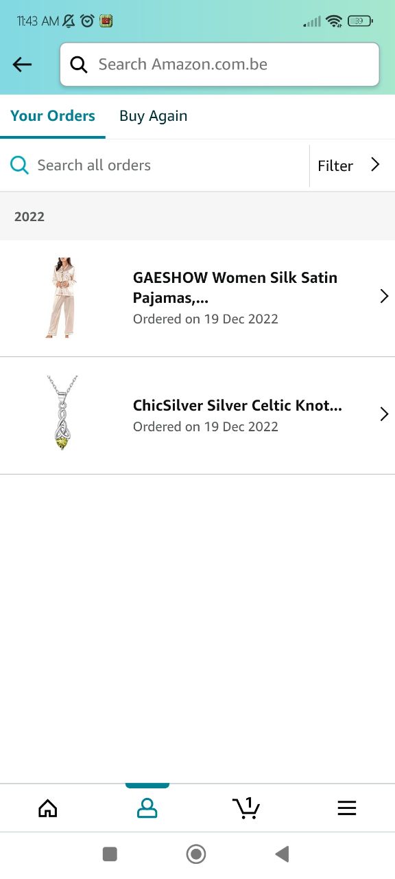 Amazon app order list with selected item