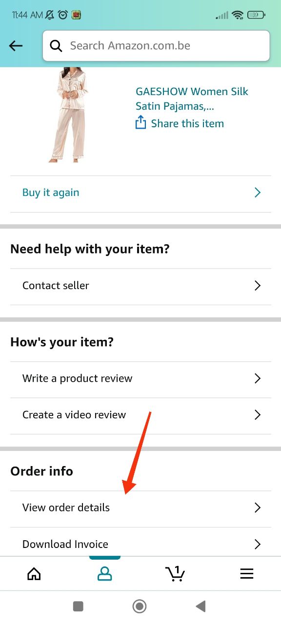 Amazon app order info with View order details
