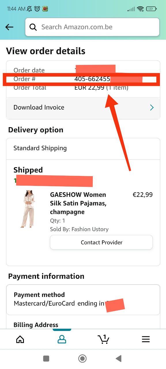 Amazon app order details showing order ID